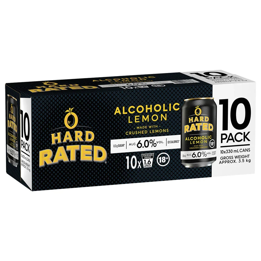 Hard Rated Alcoholic Lemon 10-pack cans, 6% ABV, made with crushed lemons, 330ml each