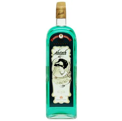 Tall green Absinthe liqueur bottle with ornate label and wooden cap, spirits product photo