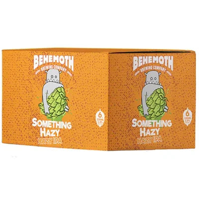 Behemoth Something Hazy Hazy IPA 6-pack orange box with hop cartoon and bold text