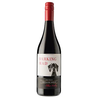 Barking Mad Grenache Shiraz red wine bottle with dog graphic on label, screw cap