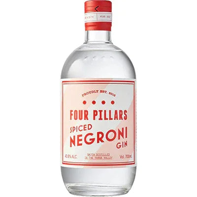 Four Pillars Spiced Negroni gin bottle with red label, 700ml, clear spirits liquor