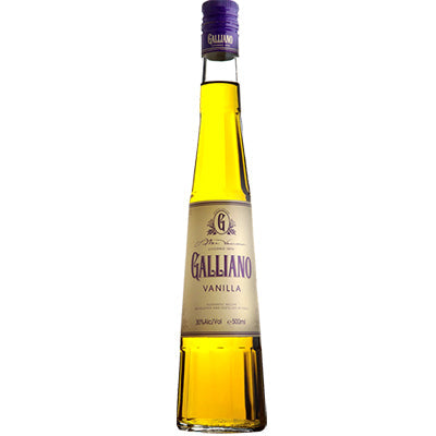 Galliano Vanilla liqueur bottle, golden yellow liquid, purple cap, 500ml, 30% ABV
