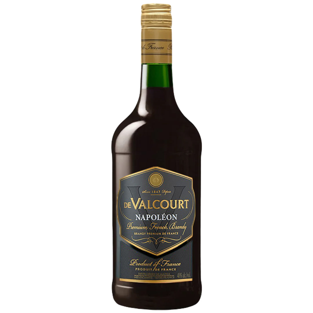 De Valcourt Napoléon Premium French Brandy bottle with gold and black label on white background