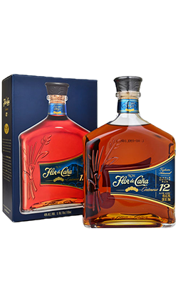 Flor de Caña 12 Year Old Rum bottle with blue box, premium spirit for online liquor store