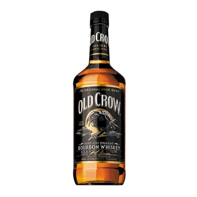 Old Crow Kentucky Straight Bourbon Whiskey 1L bottle, amber spirit, black label with crow emblem