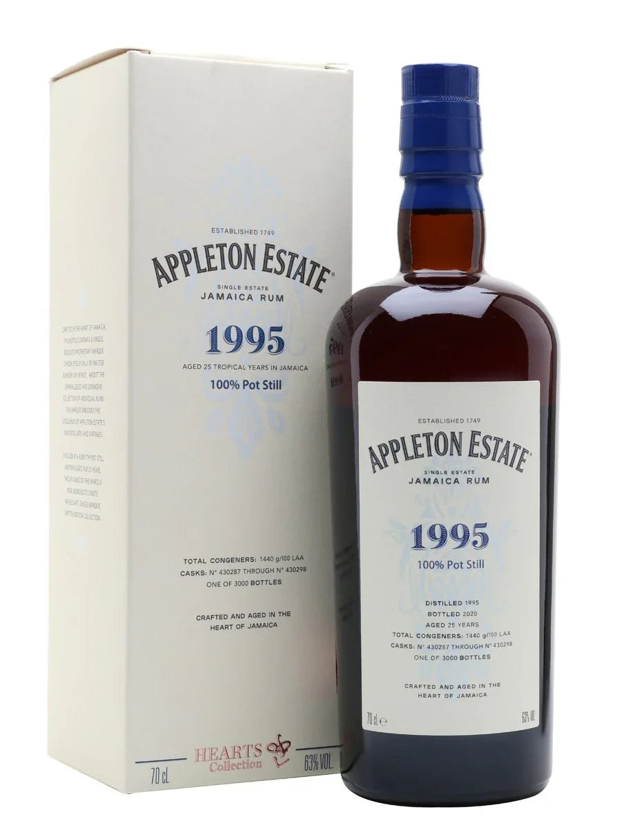 Appleton Estate 1995 25-year-old Jamaica rum bottle and box, Hearts Collection, 63% ABV, 70cl