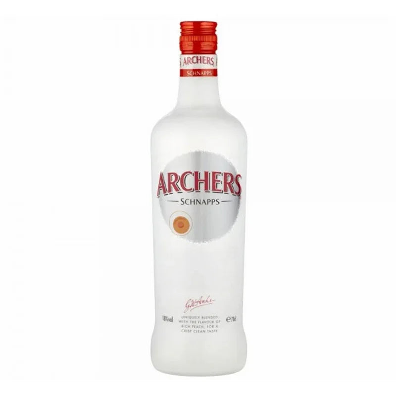 Archers peach schnapps liqueur bottle with red cap on a white background