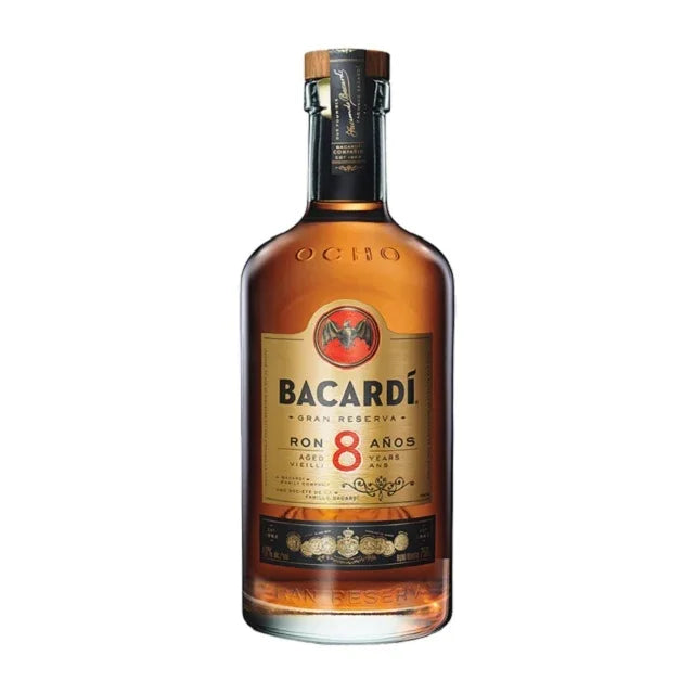 Bacardi 8 Year Reserva Ocho aged rum bottle with gold label and bat emblem on white background