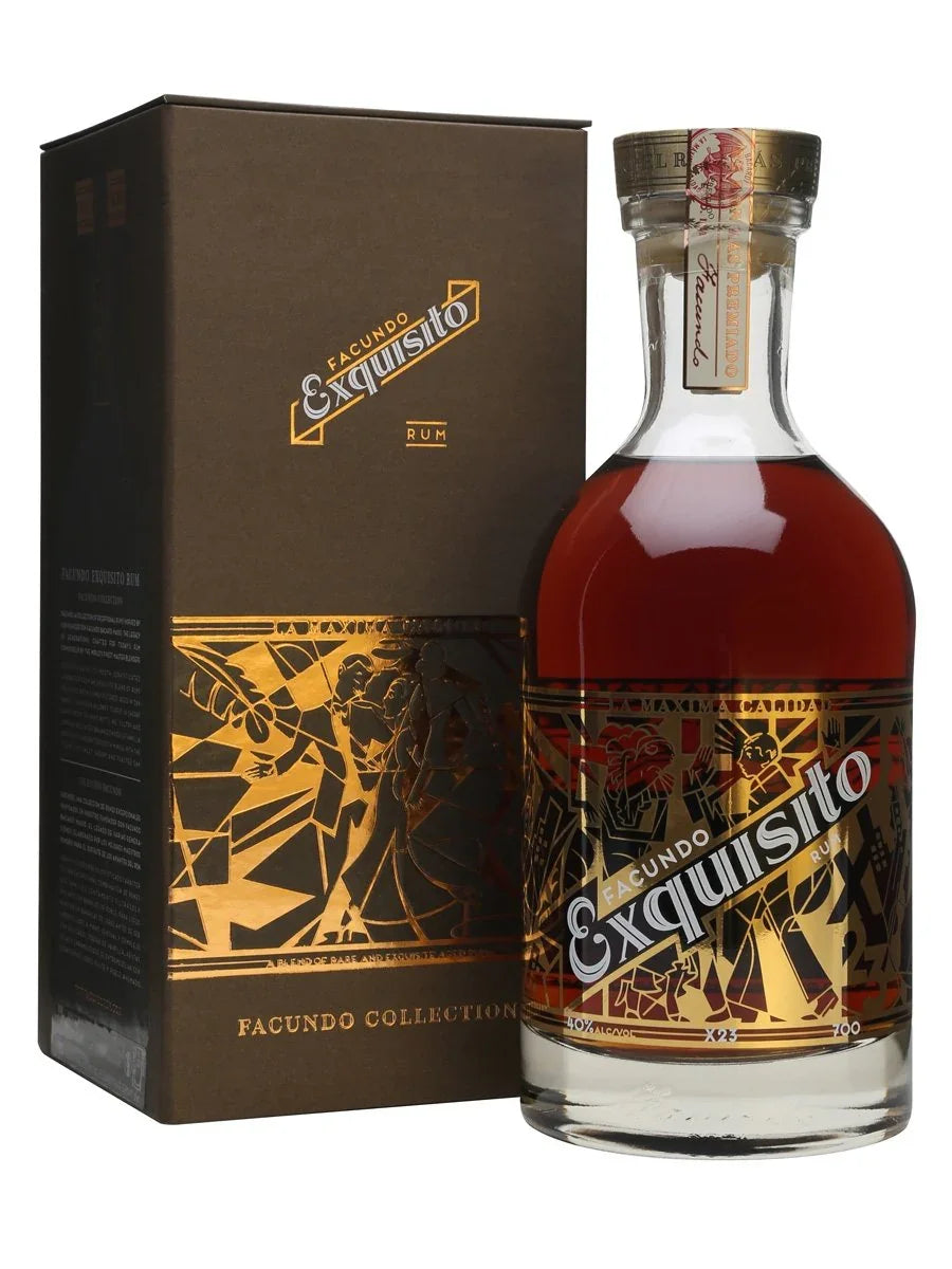 Facundo Exquisito rum bottle and gold-accented box with decorative geometric design
