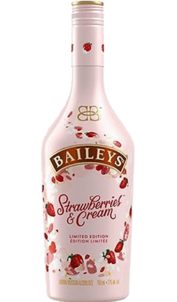 Baileys Strawberry & Cream Limited Edition liqueur bottle with pink label and strawberry design