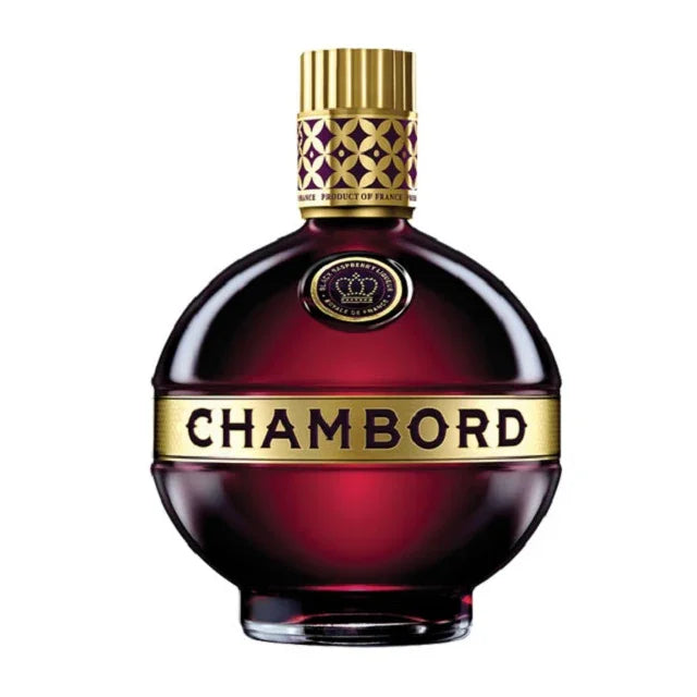 Chambord liqueur bottle with gold label and purple glass, spirits product photography