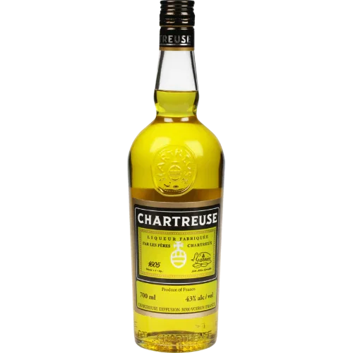 Chartreuse Yellow liqueur bottle 700ml with yellow label and gold emblem, 43% ABV