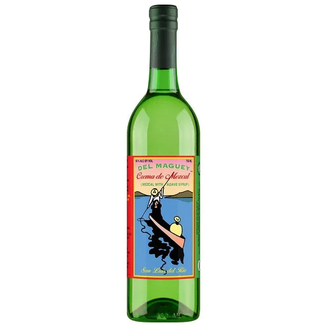 Green bottle of Del Maguey Crema de Mezcal spirit with colorful label and artistic design