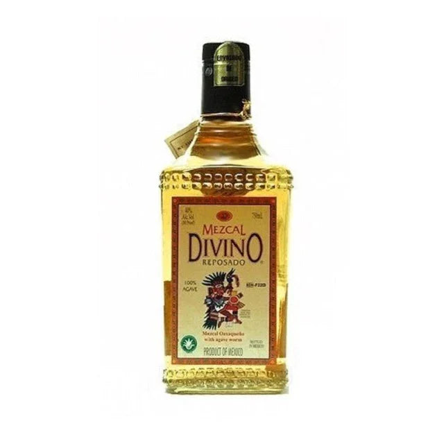 Divino Reposado Mezcal bottle with label, clear golden agave spirit, product of Mexico