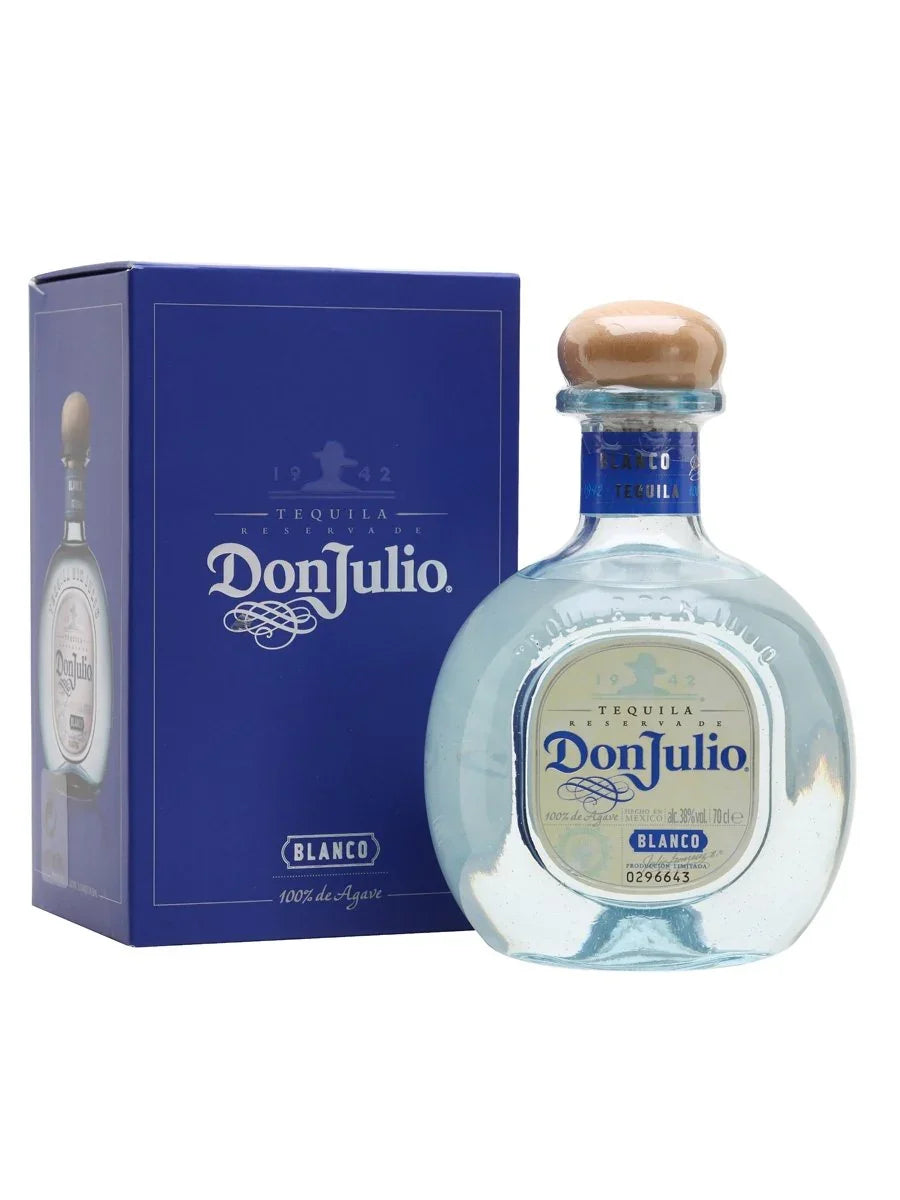 Don Julio Blanco tequila bottle and blue box, clear glass, 100% agave, spirits product image