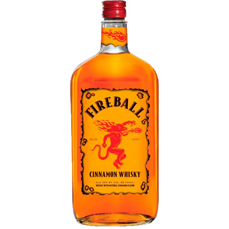 Fireball Cinnamon Whisky bottle with red cap and fiery label on white background
