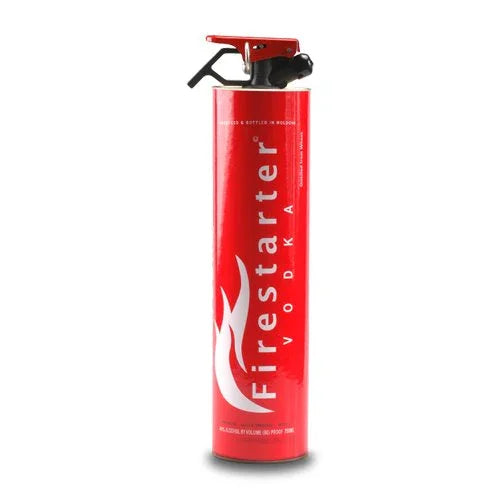 Firestarter Vodka bottle shaped like a red fire extinguisher with bold white branding