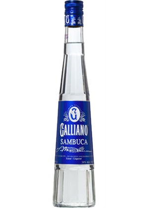 Galliano Sambuca liqueur bottle with blue label and cap, clear glass design