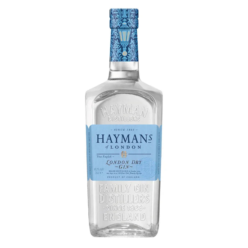 Hayman's London Dry Gin bottle with blue label and patterned cap, clear spirit, 700ml