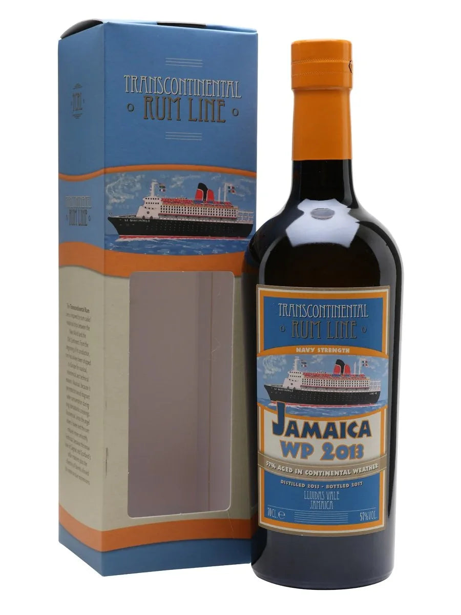 Transcontinental Rum Line Jamaica WP 2013 navy strength rum bottle with packaging, ship illustration label