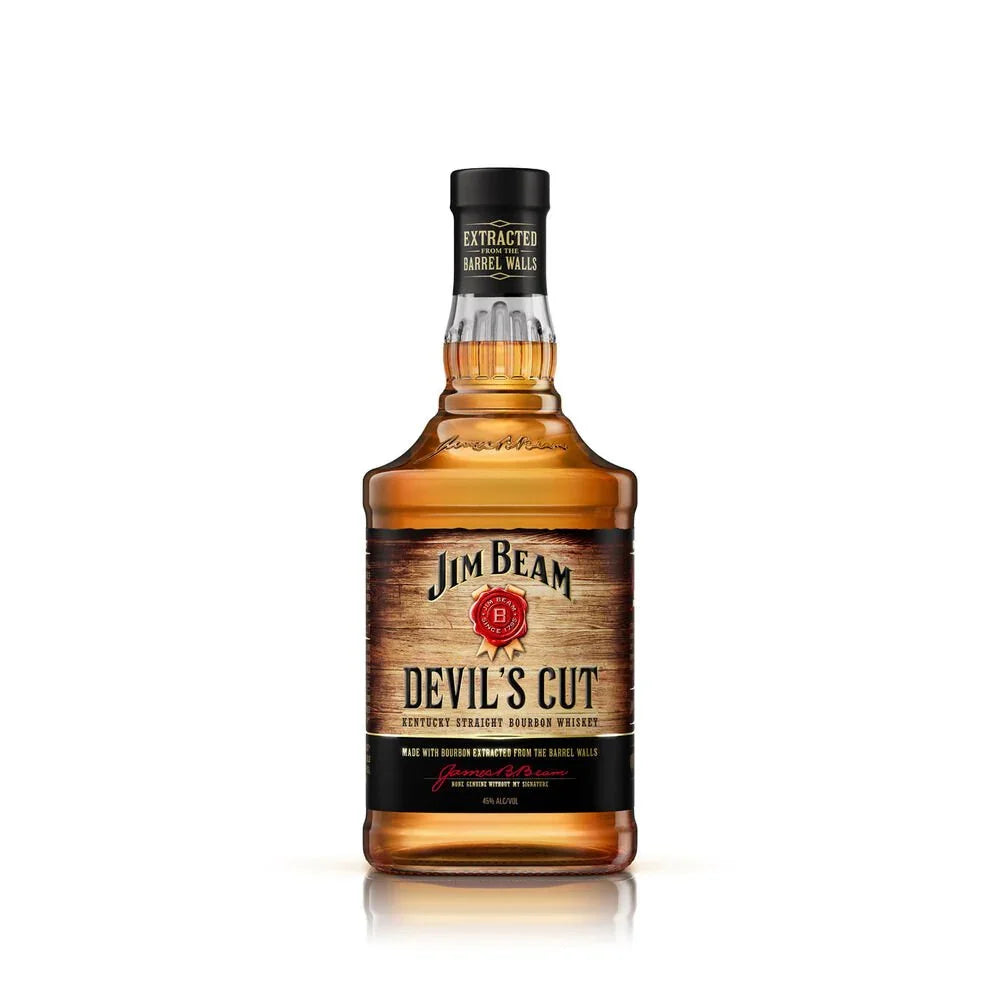 Jim Beam Devil's Cut Kentucky straight bourbon whiskey bottle with rustic label