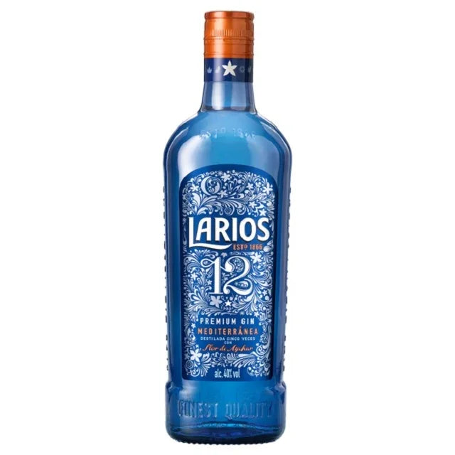 Blue bottle of Larios 12 Premium Mediterranean gin with ornate white floral design