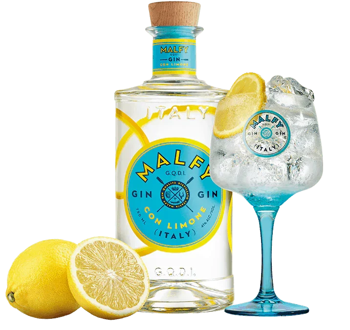 Malfy Con Limone gin bottle, lemon, and gin cocktail with ice and lemon slice