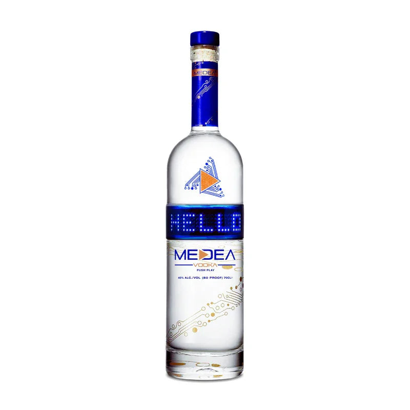 Medea Vodka bottle with blue LED display, clear liquor, electronic circuit label design