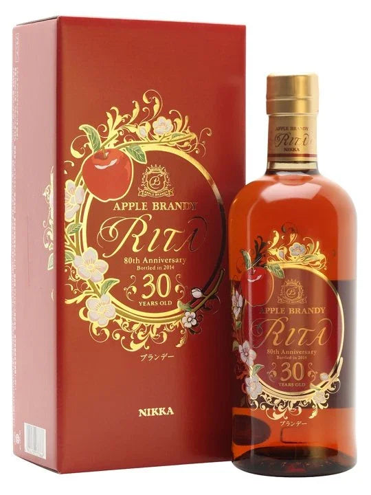Nikka Rita 30 year apple brandy bottle and gift box with gold floral design