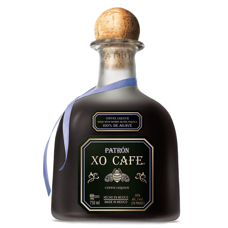 Patrón XO Café coffee liqueur bottle with cork stopper and blue ribbon, 750ml, made in Mexico