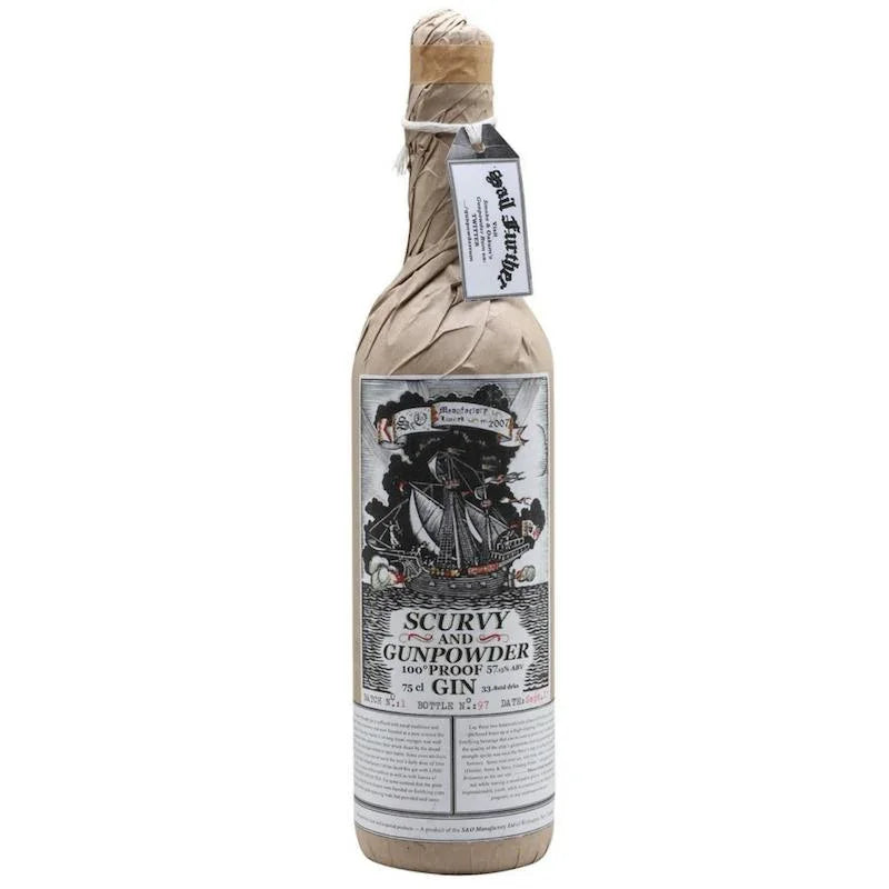 Scurvy and Gunpowder Proof Gin bottle wrapped in paper with ship illustration label