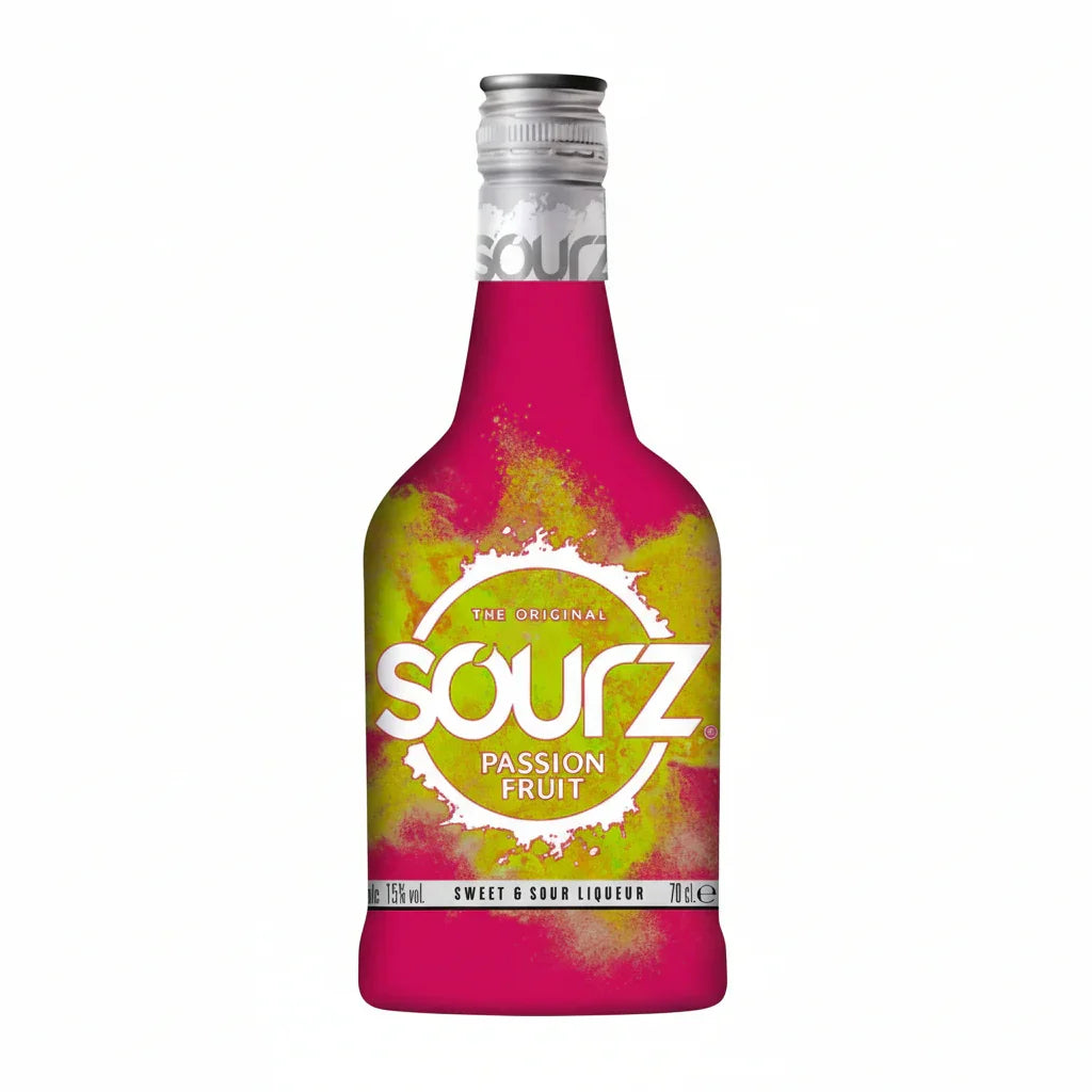 Sourz Passion Fruit liqueur bottle with pink and yellow label on white background