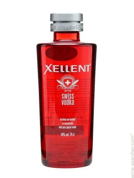 Red bottle of Xellent Swiss vodka with silver cap and clear label text, 70cl, 40% vol.