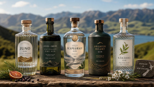 Five New Zealand craft gins displayed on wood with mountains, featuring Juno, Reid + Reid, Scapegrace, Broken Heart, Kākāriki