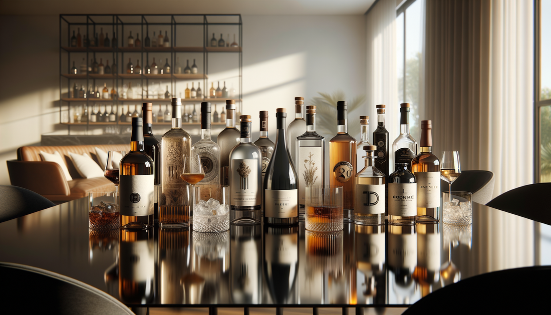 assorted premium liquor bottles on a clean table with warm, natural lighting