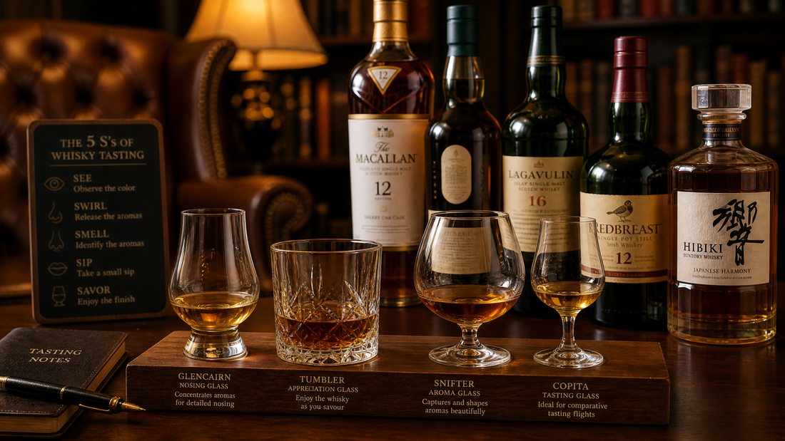 Whisky tasting setup with Glencairn, tumbler, snifter, and copita glasses, premium bottles including Macallan, Lagavulin, Hibiki