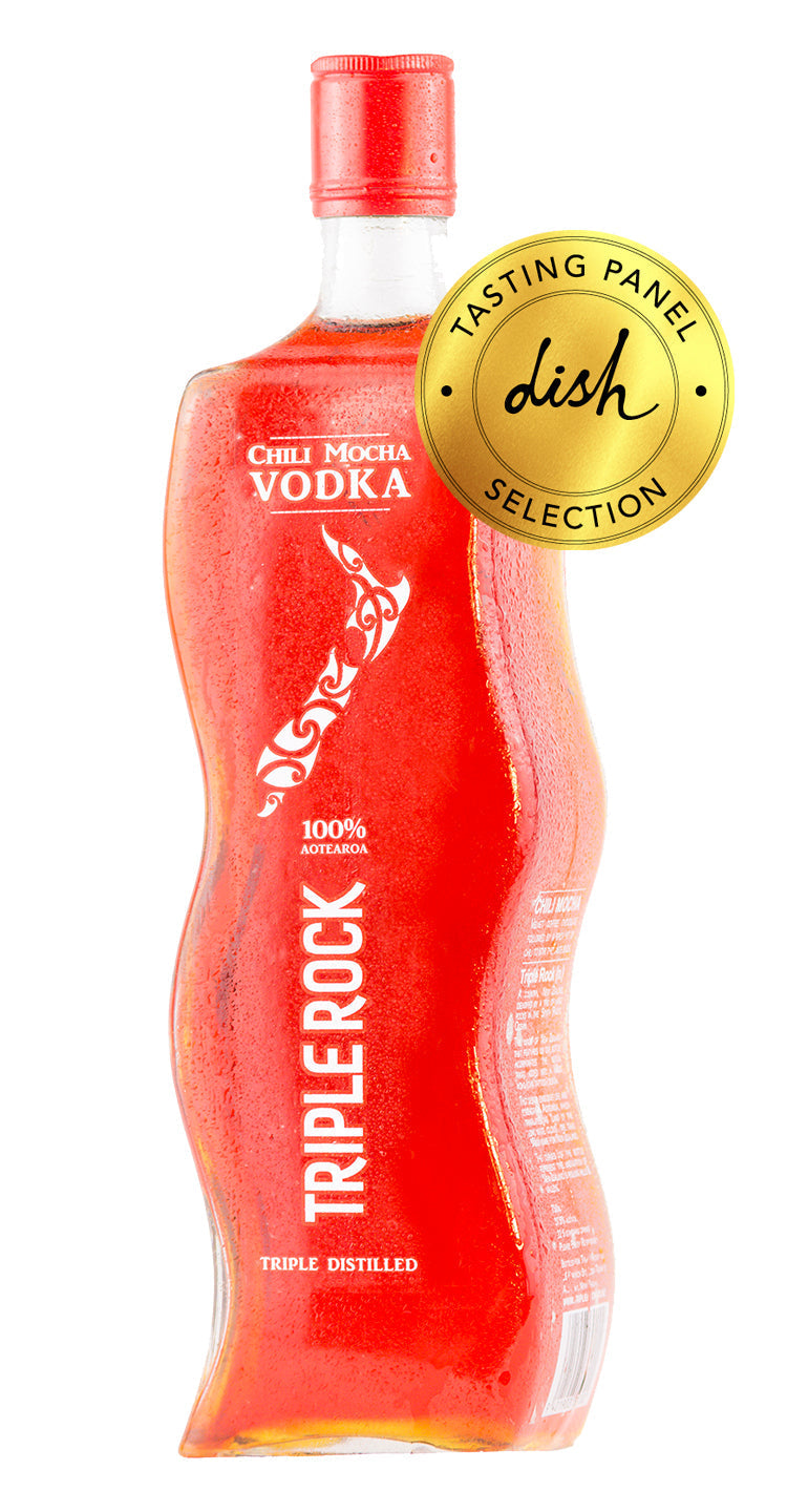 Chili mocha vodka in a red, wavy bottle with Tasting Panel Selection gold medal badge