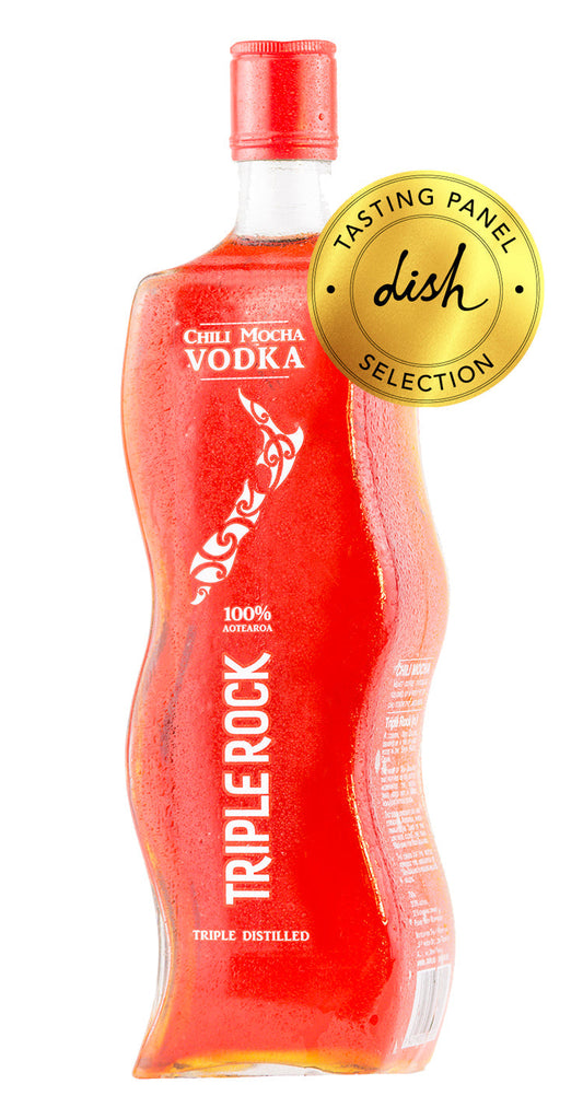 Chili mocha vodka in a red, wavy bottle with Tasting Panel Selection gold medal badge