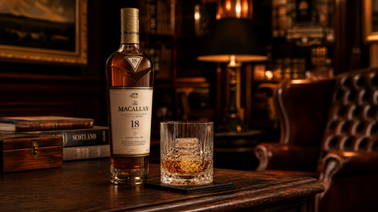 The Macallan 18 Year Old Scotch Whisky bottle and glass with ice on wooden table in luxury study