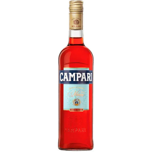 Campari red Italian bitter liqueur bottle with blue and gold label on white background