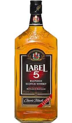 Label 5 Blended Scotch Whisky 1 Litre bottle, classic black label, golden amber spirit