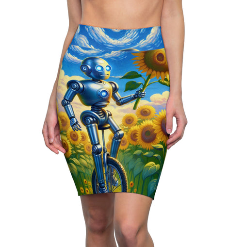 Robot Sunflower Pencil Skirt - Unique Art Skirt for Creative Fashion Lovers