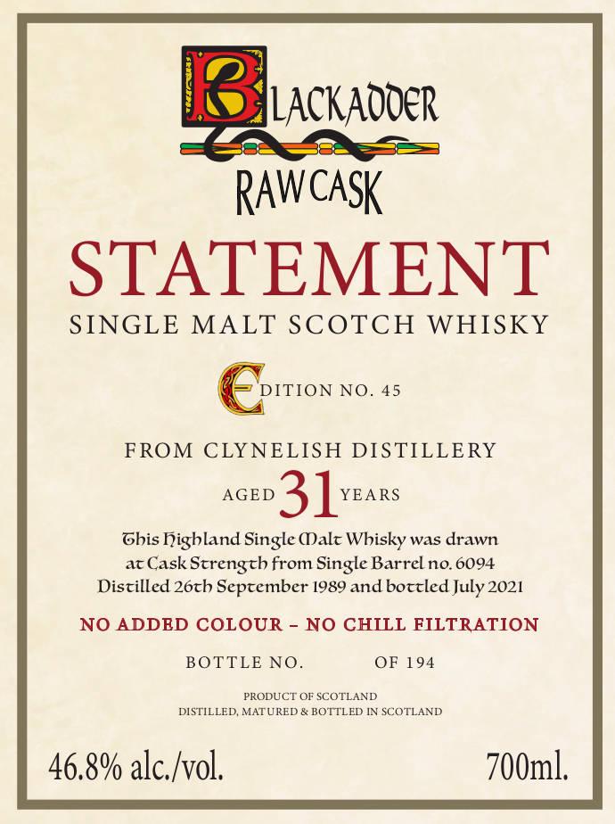 Clynelish 31Yr 1989-2021 #6094 Raw Cask by Blackadder 700ml