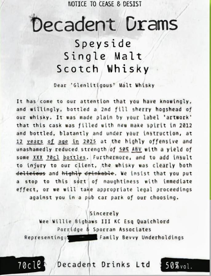 Glenlitigious 12Yr 2012-2025 Decadent Drams by Decadent Drinks 700ml
