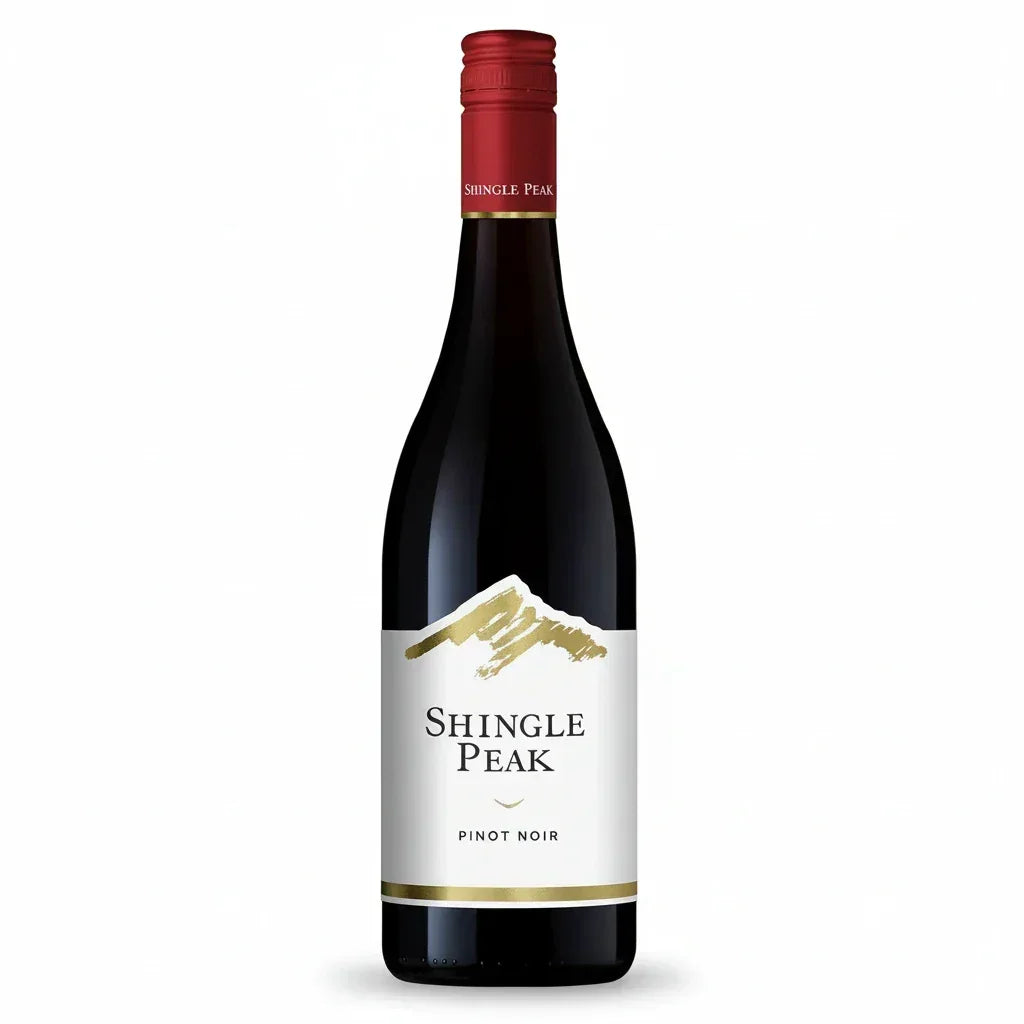 Shingle Peak Pinot Noir wine bottle with red cap and mountain label design