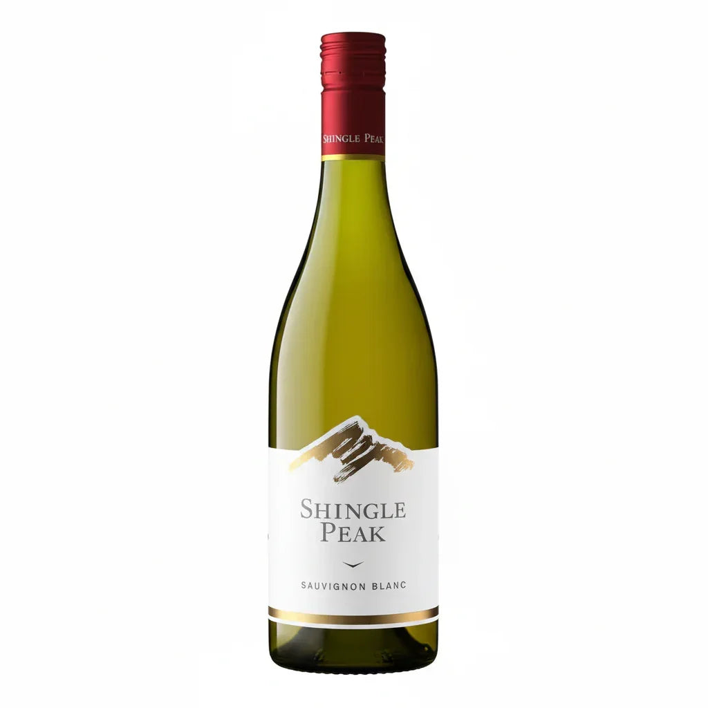 Shingle Peak Sauvignon Blanc wine bottle with red cap and mountain logo