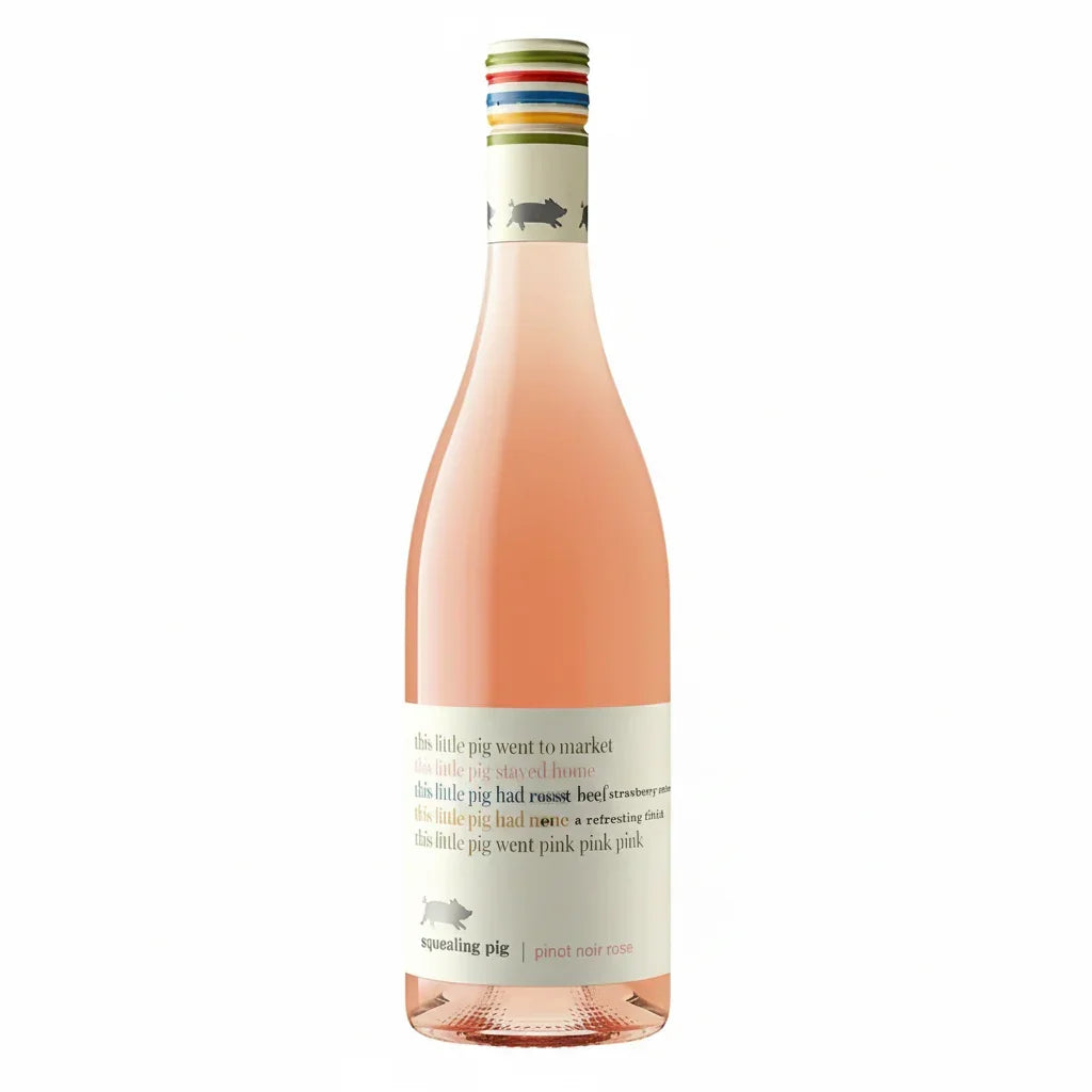Squealing Pig Pinot Noir Rosé wine bottle with playful pig-themed label, pink hue, colorful neck bands