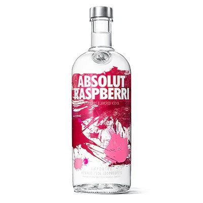 Absolut Raspberri vodka bottle with bold pink raspberry splash design, clear background