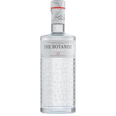 The Botanist Islay Dry Gin bottle with embossed botanical design on a white background