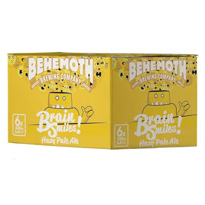 Behemoth Brewing Brain Smiles Hazy Pale Ale 6-pack box, bright yellow packaging with cartoon design
